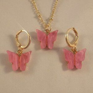 Gold Plated Pink Opal Resin Butterfly Earrings Pendant Necklace Set 18" Gift